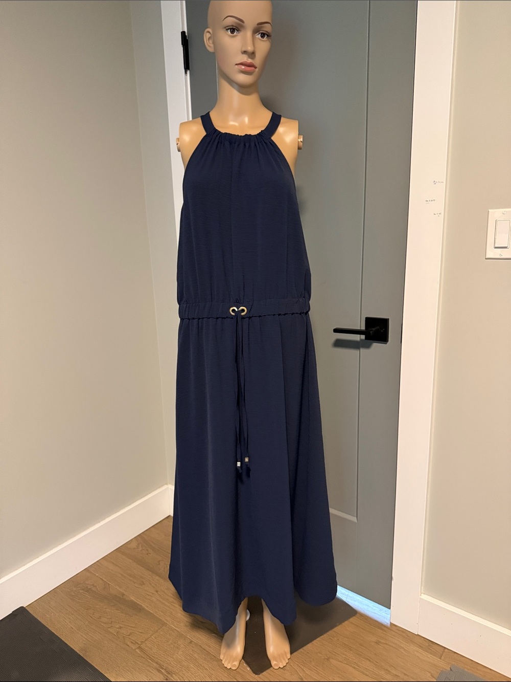 Michael Kors Navy Halter Maxi Dress with Drawstring Waist